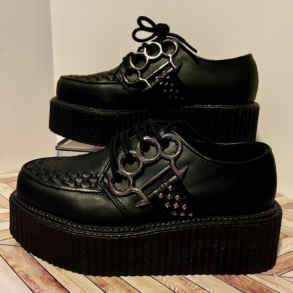 Demonia Creeper 516 Platform Shoes Men 6 Women 8 Black Knuckle Duster Vegan